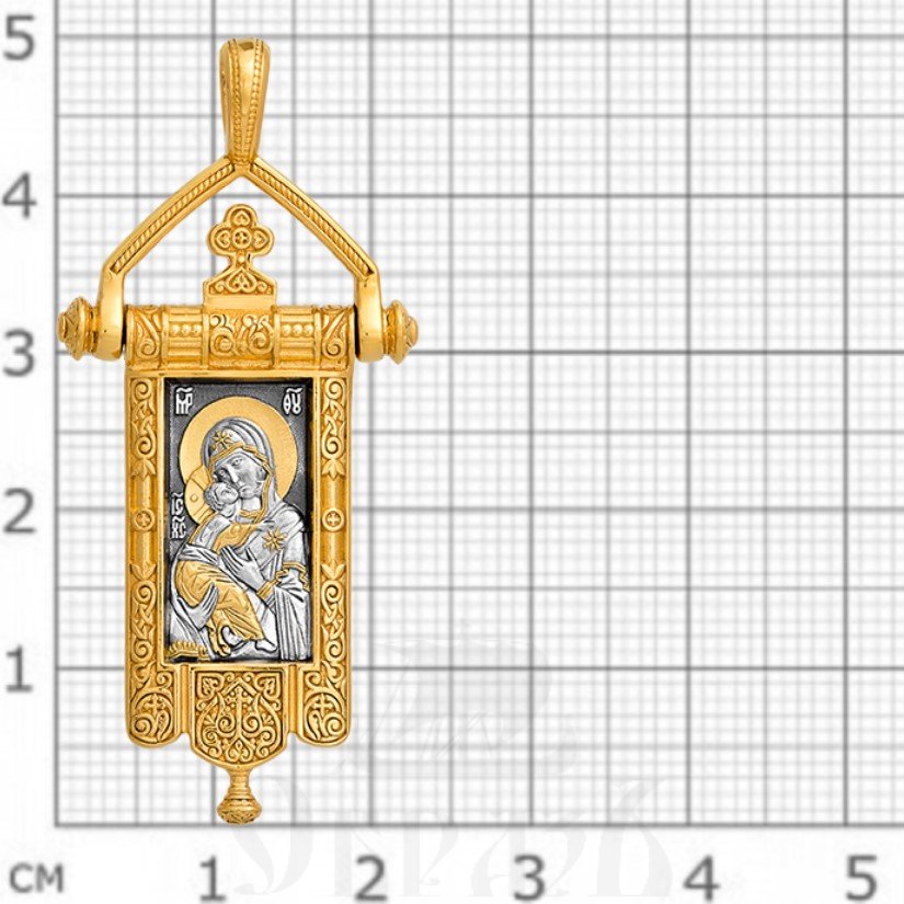 образок «владимирская икона божией матери. процветший крест», серебро 925 проба с золочением (арт. 102.124)